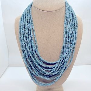 Boho Various Blue Tone Small Bead Multi-Strand 22’ Necklace with Wooden Clasp